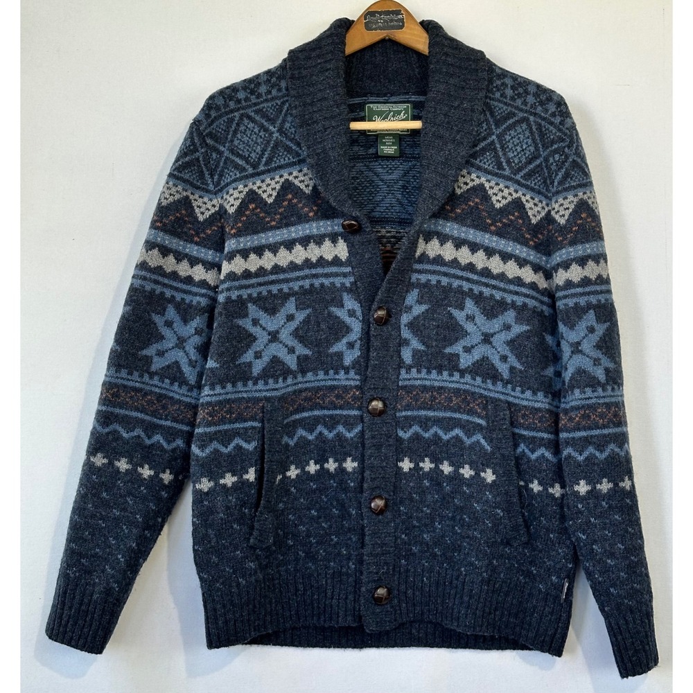 Woolrich Cardigan Fair Isle Shawl Collar Mens Medium Blue Preppy Retro